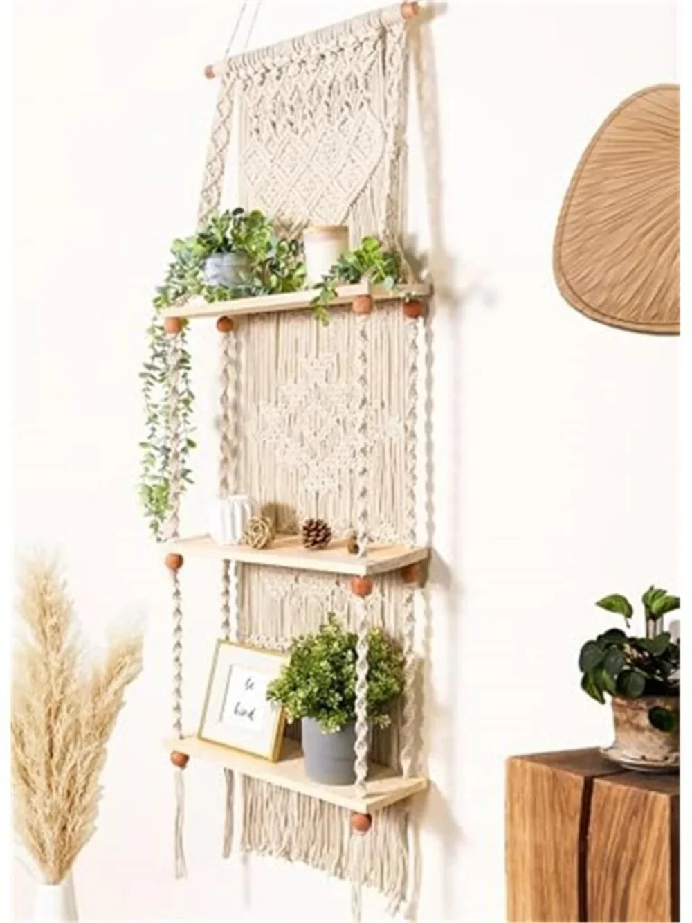 Macrame Wall Hanging Shelf 3 Tier Boho Wall Plant Hanger Shelves, Handmade